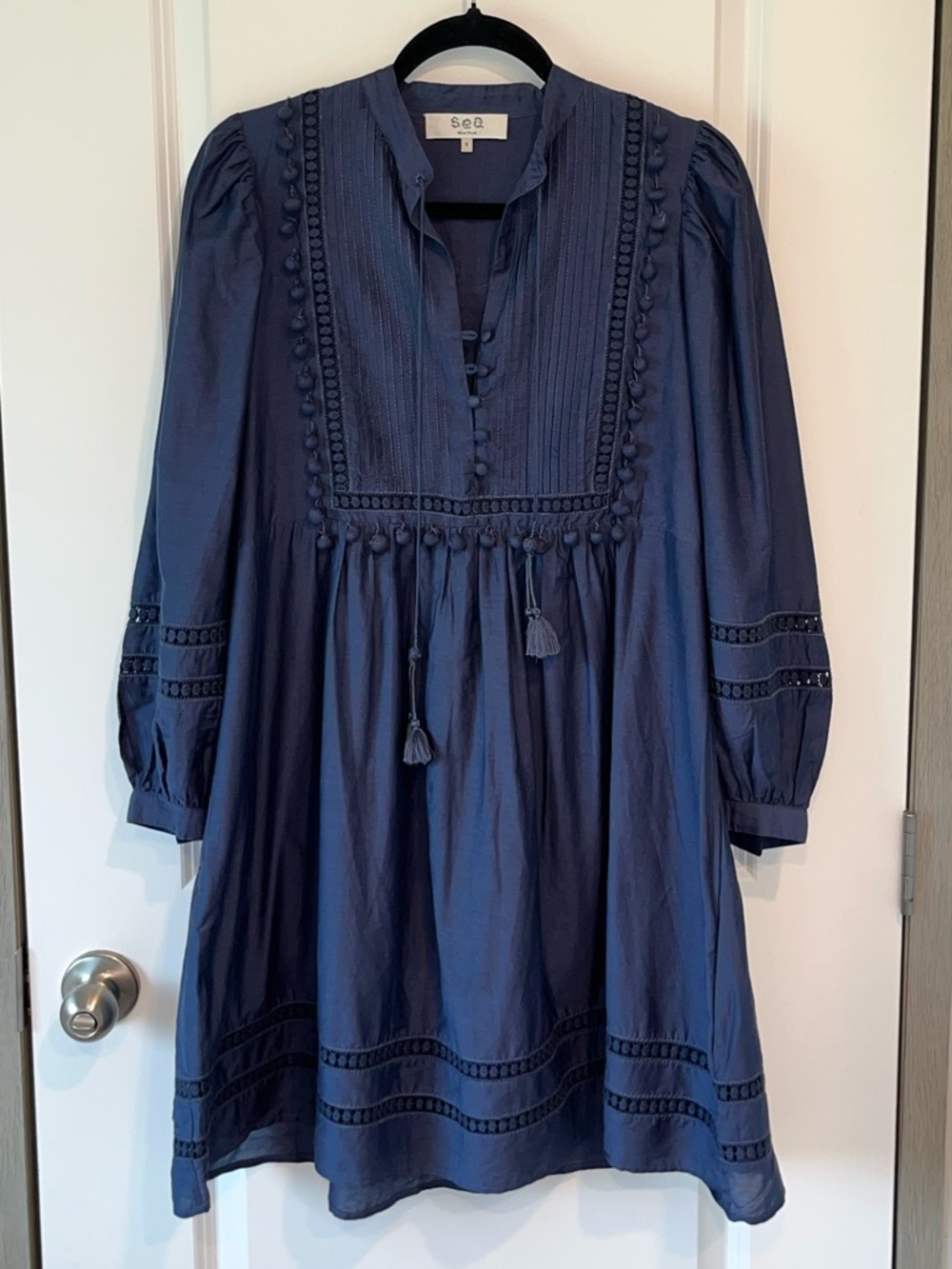 SEA New York Peasant Boho Preppy Poplin Mini Long Puff Sleeve Dress Size 6